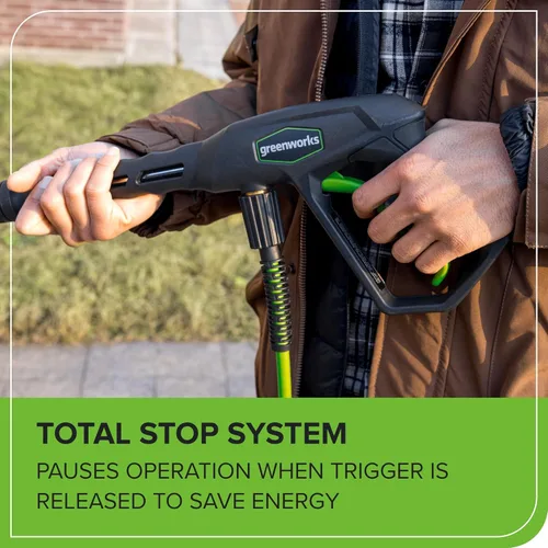 Vista 4 de Greenworks 2100 PSI (certificado SGS) 1.2 GPM 13Amp Lavadora eléctrica compacta a presión con mango telescópico para autos, calzadas, patios