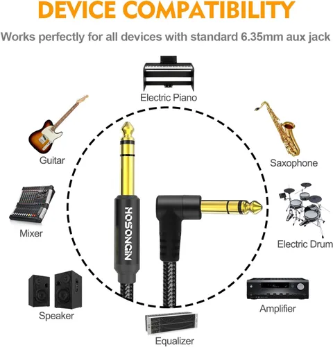 Vista 3 de HOSONGIN Paquete de 2 cables TRS para instrumentos de 1/4 de pulgada de 3.3 pies, cable de audio estéreo macho de ángulo recto a recto de 0.250 in