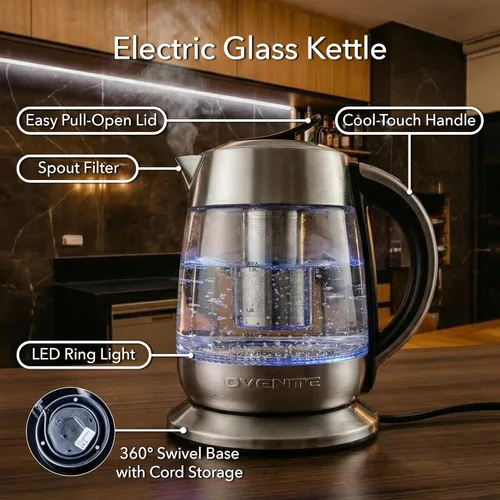 Vista 4 de OVENTE Hervidor de té eléctrico con control de temperatura e infusor de té extraíble, hervidor y calentador de agua de 1500W con vidrio