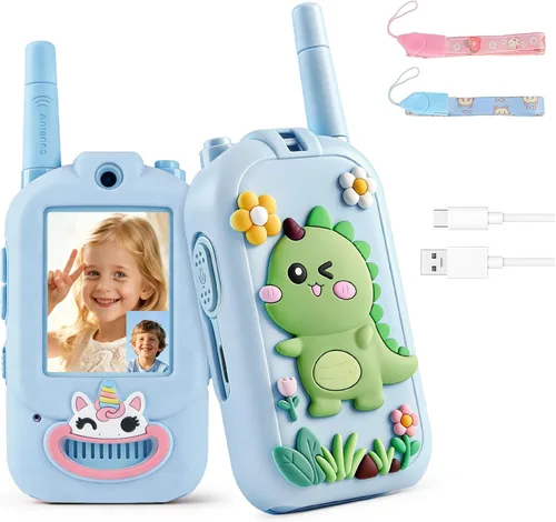 Walkie Talkies de video para niños, paquete de 2 cajas de regalo recargables para niños con estuche de silicona, walkie talkies para jugar en