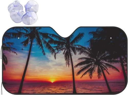 Vista 18 de Parasol de parabrisas con palmera de playa Hawaii tropical costa de verano amanecer, protector frontal plegable, visera solar para automóvil que