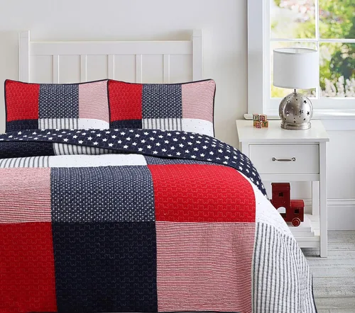 Vista 17 de Cozy Line Home Fashions Waylon - Juego de edredón reversible a rayas 100% algodón, color azul marino, verde y blanco, colcha