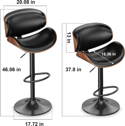 Vista 3 de ONME Juego de 4 taburetes de bar giratorios de altura ajustable de madera curvada, silla de bar tapizada de piel sintética con respaldo y reposapiés