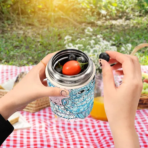 Vista 5 de MCHIVER Mandala Owl - Tarro de comida con cuchara de acero inoxidable aislado al vacío, contenedor de alimentos de 17 onzas para almuerzo