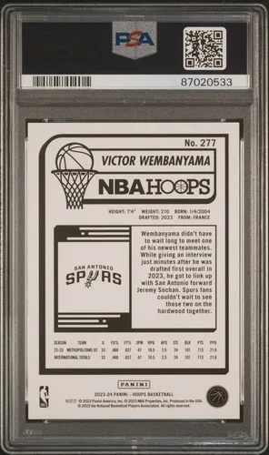 Vista 2 de Victor Wembanyama PSA 9 2023 Hoops #277 San Antonio Spurs Rookie Card San Antonio Spurs