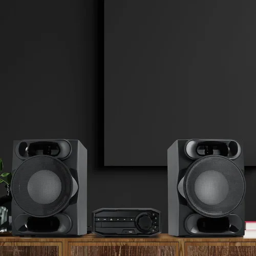 Vista 7 de LyxJam Sistema estéreo Bluetooth para el hogar con reproductor de CD, MP3, USB, entrada de audio, radio FM, altavoz Bass Reflex, 350 vatios, control