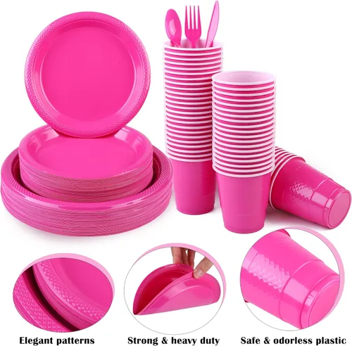 Vista 3 de ADXCO Juego de vajilla desechable de 350 piezas, color rosa intenso, incluye platos de plástico rosa intenso, vasos, servilletas, cuchillos