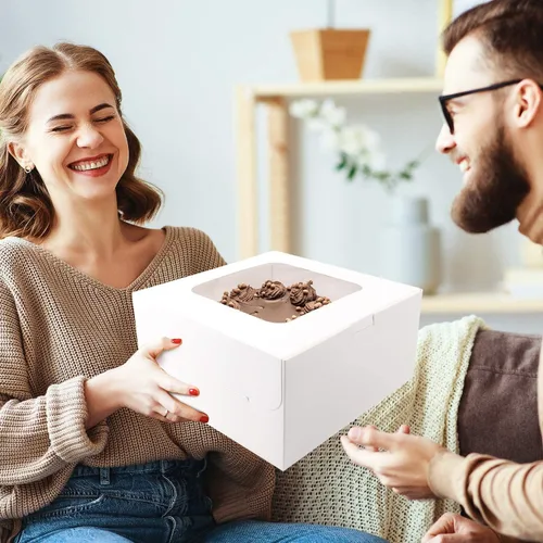 Vista 6 de Wei Long Cajas para pasteles con ventana, 24 unidades, 8 x 8 x 5 pulgadas, cajas de panadería blancas para pasteles, pasteles, galletas, pastel