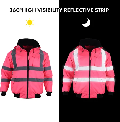 Vista 6 de Chaqueta reflectante de alta visibilidad para mujer, impermeable, seguridad ANSI, abrigo de bombardero de invierno, sudadera con capucha Hi Vis