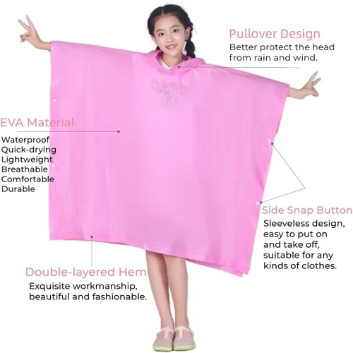 Vista 3 de Rain Poncho for Kids (2 Pack), Reusable EVA Children Raincoat Ponchos Rain Jacket with Hood for 6-14 Girls Boys