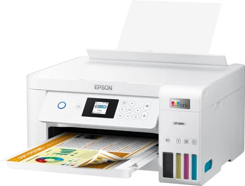 Vista 3 de Epson EcoTank ET-2850 Impresora inalámbrica a color todo en uno Supertank de inyección de tinta, color blanco, copia de escaneo de impresión, 10
