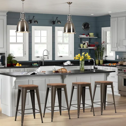 Vista 3 de [Juego de 4] Taburete metálico apilable industrial moderno para interior/exterior 17 pulgadas, Metal