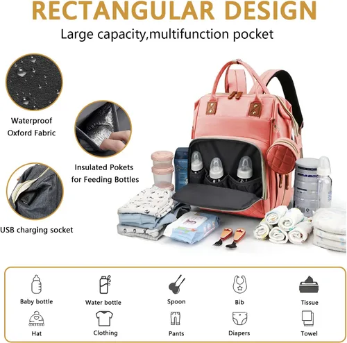 Vista 4 de Mochila de pañales para bebé con cambiador de estación, impermeable, 3 en 1, plegable, unisex, Rosado