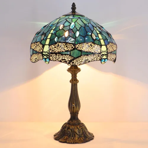 Vista 4 de Tiffany Lamp Stained Glass Table Lamp Bedside Reading Light W12H19 Inches (Sea Blue Dragonfly Style)