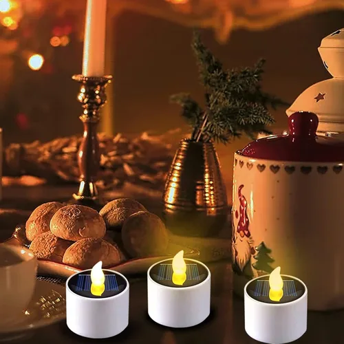 Vista 3 de Velas de té solares, 10 velas LED impermeables sin llama, velas LED recargables ámbar parpadeantes para jardín, patio, camino, decoración del hogar