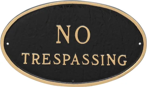 Vista 2 de Montague Metal Products - Placa ovalada de metal fundido con texto en inglés "No Trespassing" - Placa de exhibición de pared o césped - Letrero