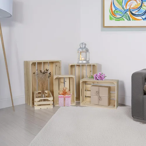 Vista 4 de Juego de 5 cajas de madera rústica sin terminar, cajas de almacenamiento de listones para montaje en pared con asas, cajas de madera de granja