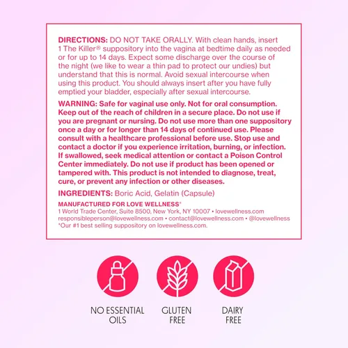 Vista 6 de Love Wellness The Killer Supositorios vaginales de ácido bórico Equilibra el pH y apoya el control de olores, un equilibrio vaginal saludable