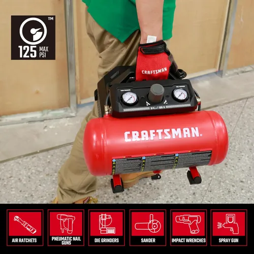 Vista 4 de Craftsman Air Compressor 1.5 Gallon Portable, 3/4 HP, 1.5 CFM@90PSI, Max 125 PSI, Oil Free, Lightweight Air Compressor for DIY Workshop, Small