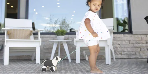 Vista 4 de LOVEVERY The Pull Pup Juguete de madera para empujar y jalar, madera negro/blanco/natural, juguete sostenible para niños pequeños, a partir de 18