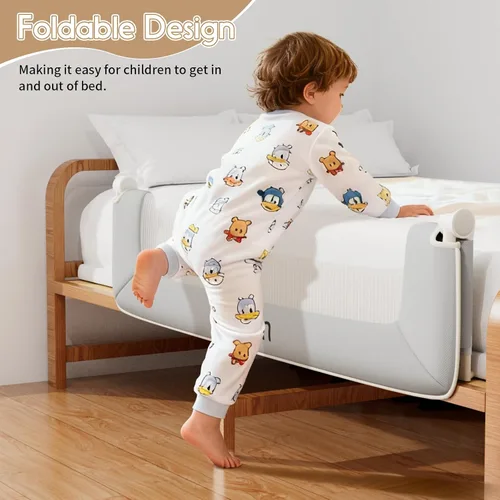 Vista 3 de Riel de cama para niños pequeños, riel plegable de 33 pulgadas, base en forma de T sin taladrar con bloqueo de seguridad, tela 3D suave, protector