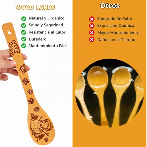 Vista 5 de Juego de utensilios de madera, utensilios de bambú, 5 cucharas de madera para cocinar, fáciles de limpiar, resistentes, ligeros y resistentes al