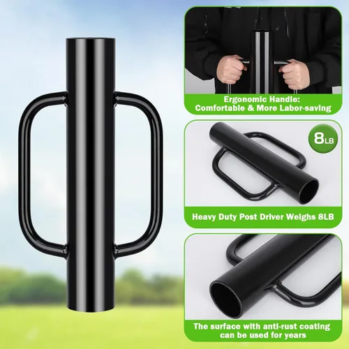 Vista 5 de Gtongoko Conductor de postes de valla de 8LB con mangos Conductor de poste T de servicio pesado Golpeador de poste para postes T, canal U, poste