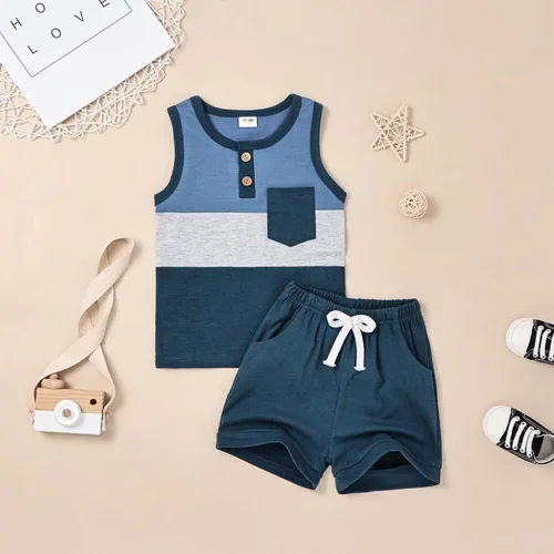 Vista 2 de FOCUTEBB Boy Clothes Toddler Baby Boys Summer Outfits Sleeveless Patchwork T-Shirt Shorts Set 6 Months-4T