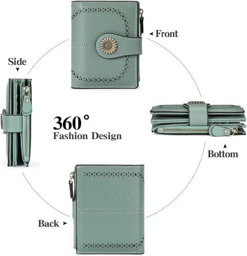 Vista 4 de SENDEFN - Billetera pequeña de piel auténtica para mujer, diseño plegable con ventana para tarjeta de identificación