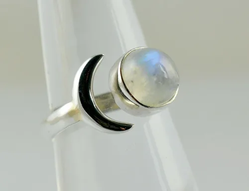 Vista 9 de Navya Craft Anillo de plata de ley 925 con piedra lunar y luna creciente, ajustable, para mujer, piedra lunar arcoíris natural, joyería hecha a
