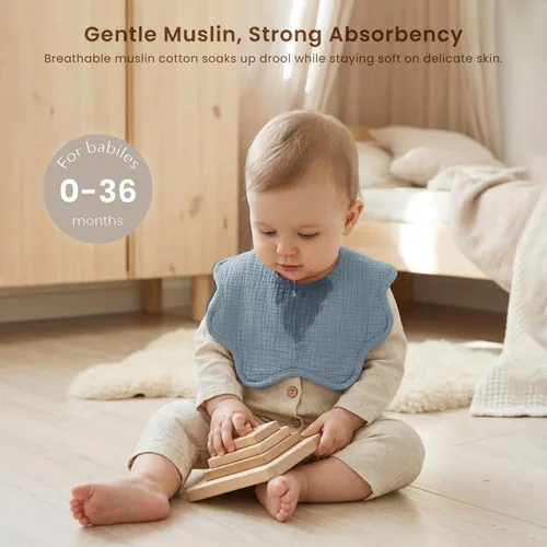 Vista 2 de Konssy Baberos de muselina para bebé 100% algodón absorbente tipo bandana para babeo y dentición, set de 6 para bebés niños y niñas