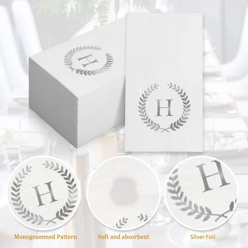 Vista 4 de Paquete de 200 servilletas desechables con monograma de papel de aluminio plateado con letra H, servilletas para invitados con inicial, toallas