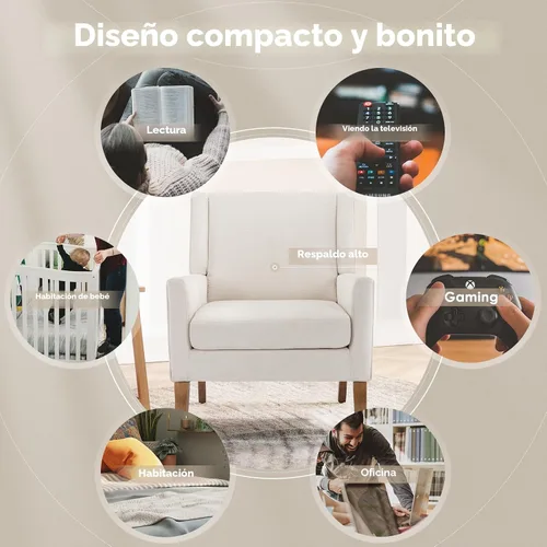Vista 8 de COLAMY Silla moderna de ala para sala de estar, sillón tapizado de tela, sofá individual con asiento de salón y patas de madera para Beige