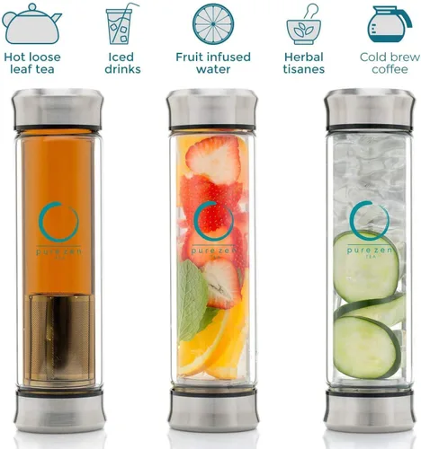 Vista 3 de Pure Zen Tea Botella de té de doble tapa de vidrio - Termo de té de acero inoxidable