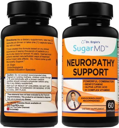 SugarMD Suplemento de apoyo a la neuropatía - 60 cápsulas nerviosas con ácido alfa lipoico, benfotiamina y vitamina D3 B6 B12 - Soporte nervioso