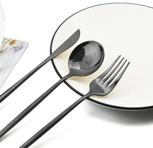 Vista 5 de JASHII Juego de cubiertos de 32 piezas con tenedor para tartas y cuchara de mango largo, cubiertos de acero inoxidable para 4 juegos de vajilla