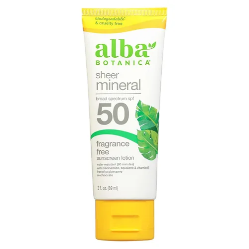Alba Botanica Protector solar para rostro y cuerpo, loción de protección solar mineral deportiva, SPF 45 de amplio espectro, resistente al agua y