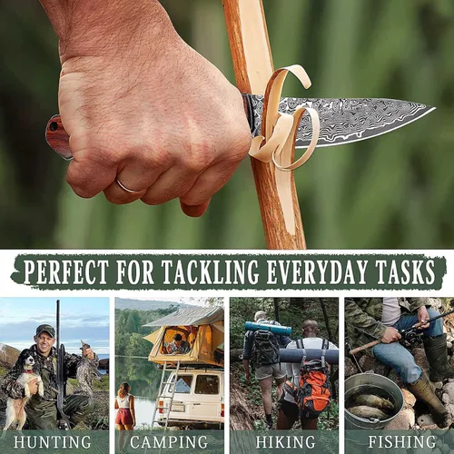 Vista 5 de Cuchillo de bolsillo plegable de Damasco AUBEY hecho a mano con clip para hombres, cuchillo de caza de Damasco EDC con bloqueo de vástago