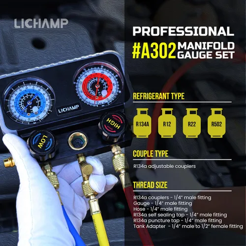 Vista 2 de Lichamp Medidores de aire acondicionado, juego de manómetros manuales para R134a R22 R12 R502, profesional #A302