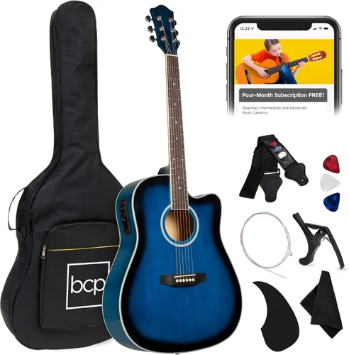 Best Choice Products Juego de iniciación de guitarra acústica eléctrica para principiantes, de 41 pulgadas, con diseño de corte total en madera, Azul