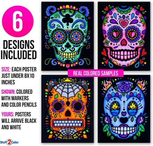 Vista 2 de Stuff2Color Sugar Skulls - Pósteres de terciopelo mullido para colorear de Halloween (Día de los Muertos y Día de Los Muertos) – Paquete de 6 – Gran