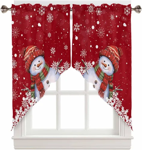 Vista 21 de BEMIGO Cortinas de cocina de Navidad, lindas cortinas de granja con muñeco de nieve azul, cenefa con bolsillo para barra de copos de nieve