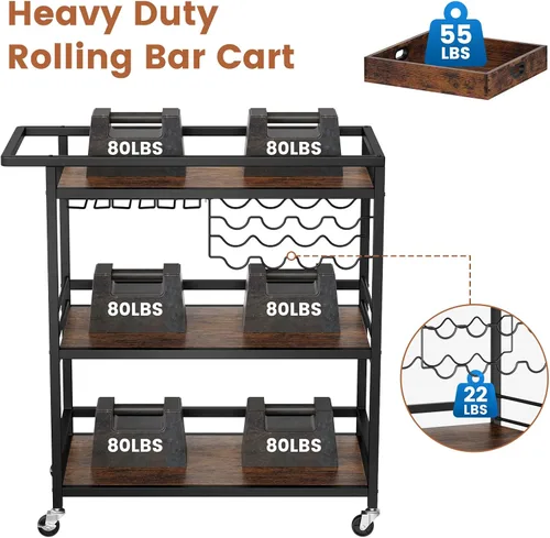 Vista 8 de Leteuke Carrito de Bar para el Hogar, Carro de Servicio con Ruedas de 3 Niveles en Negro, Carro de Bebidas, Soporte de Licores con Bandeja