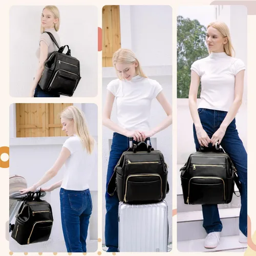 Vista 5 de Omanmoli - Bolsa de pañales de cuero grande para bebé, bolsa de viaje Negro