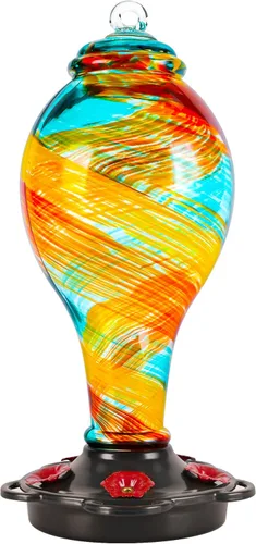 Vista 10 de LUJII Comederos de colibrí para exteriores, vidrio soplado a mano, nunca se decolora, 36 onzas líquidas, 5 estaciones de alimentación, mucho más