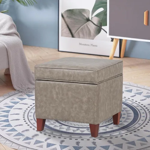 Vista 2 de Asense Reposapiés cuadrado tapizado de piel sintética con patas de madera, color gris