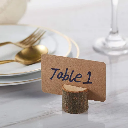 Vista 3 de Toncoo Portatarjetas de madera, 15 soportes rústicos de alta calidad para números de mesa y 30 tarjetas de mesa de papel Kraft, soportes de madera
