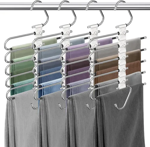 Vista 12 de Perchas para pantalones de 9 niveles que ahorran espacio, paquete de 2 organizadores multifuncionales de acero inoxidable para armario para Blanco