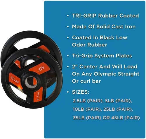 Vista 7 de Tri-Grip Olympic Weight Plates Pairs, Rubber Coated Cast Iron Plates for Home Gym & Fitness Workouts, 2-Inch Center Hole, Secure Grip, Durable &