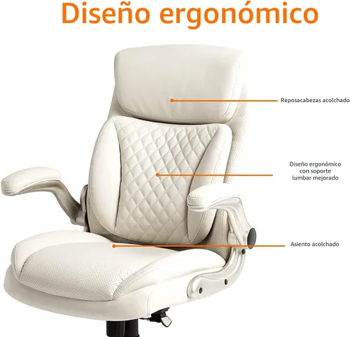 Vista 5 de Amazon Basics Silla ergonómica de escritorio ejecutiva con soporte lumbar, reposabrazos abatibles, altura ajustable, cuero crema